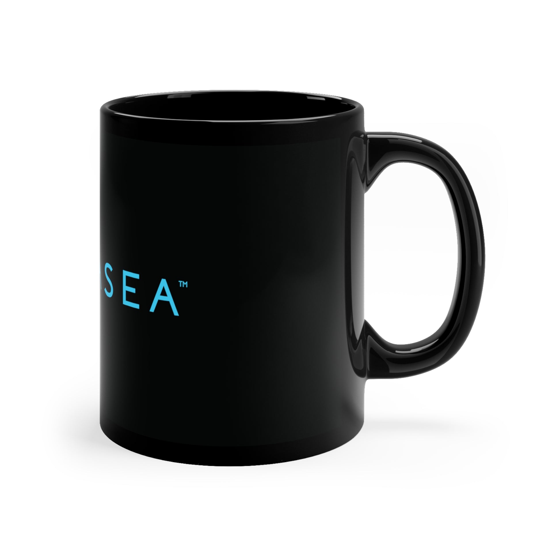 A black coffee mug with a teal novasea logo.