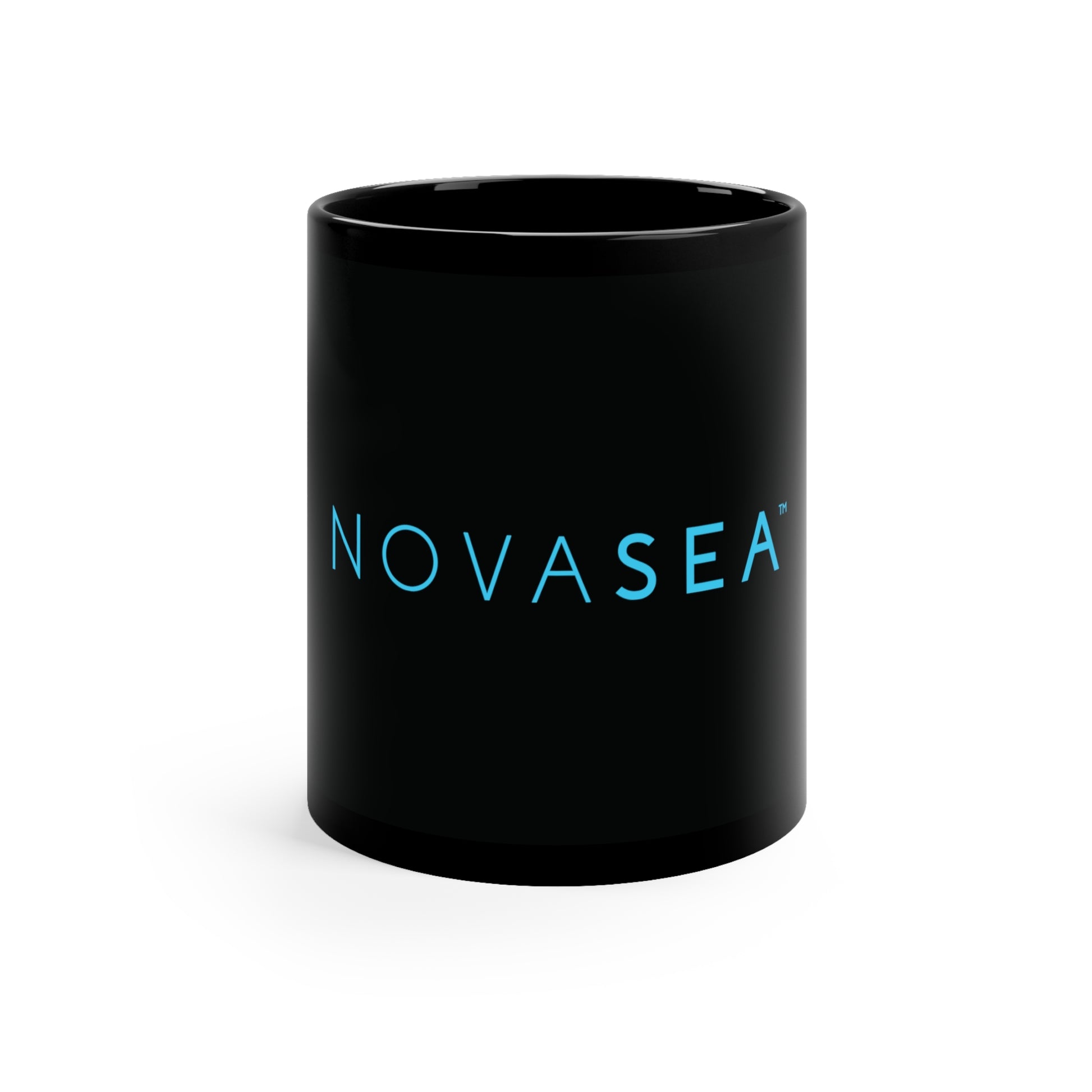 a black coffee mug with a teal novasea logo.